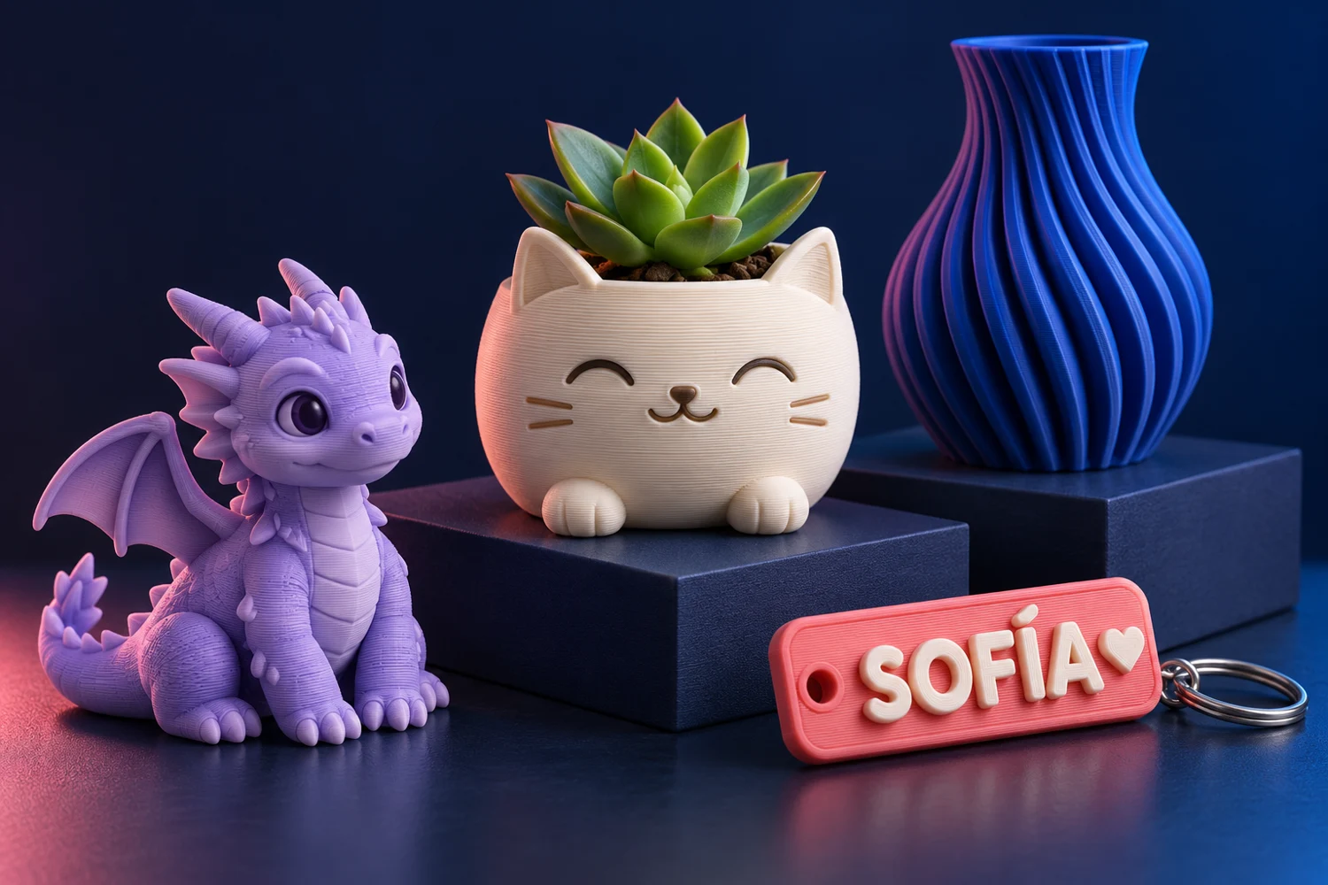 Composición conceptual de una maceta de gato, un dragón lila, un llavero y un florero impresos en 3D